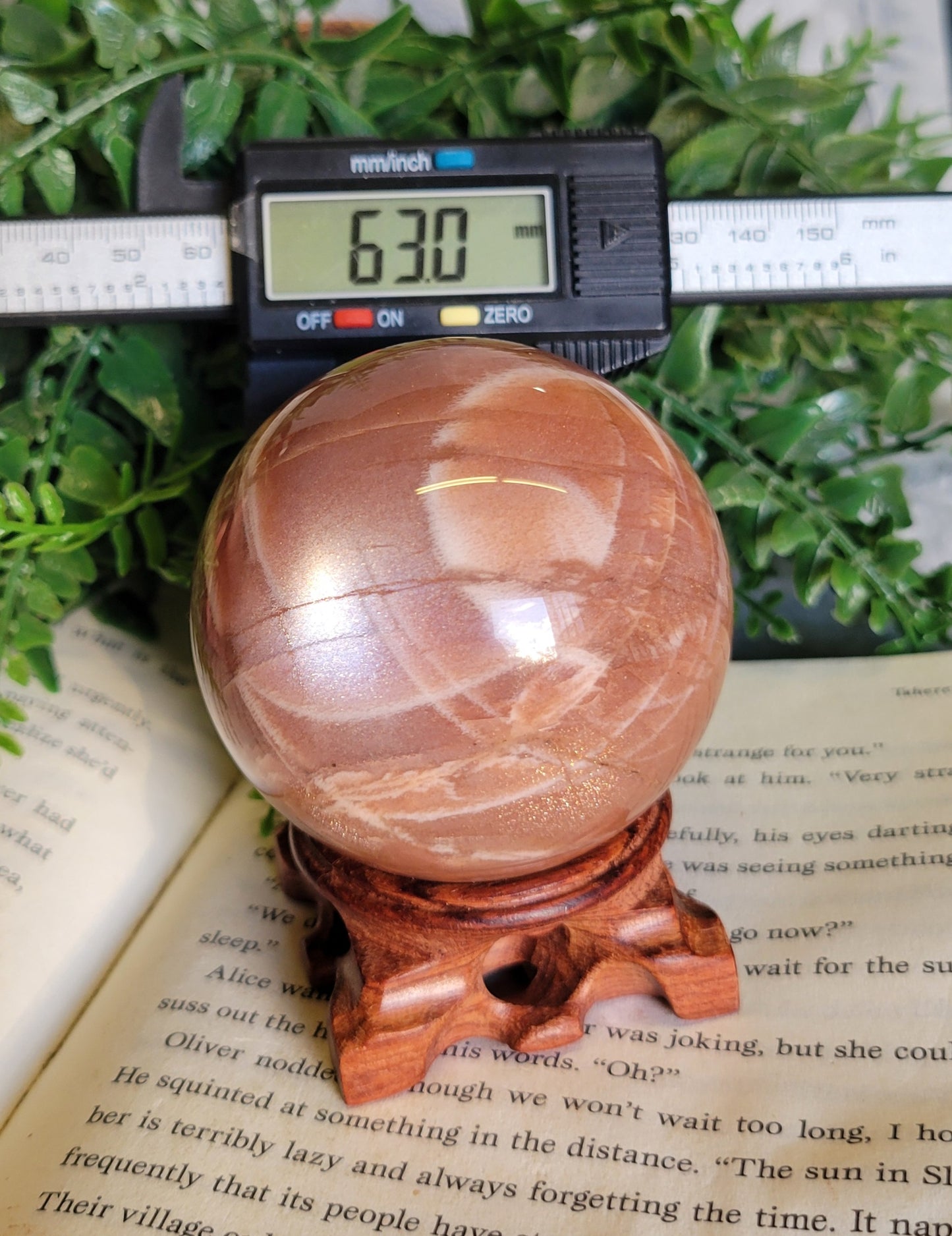 63mm high flash peach moonstone sphere