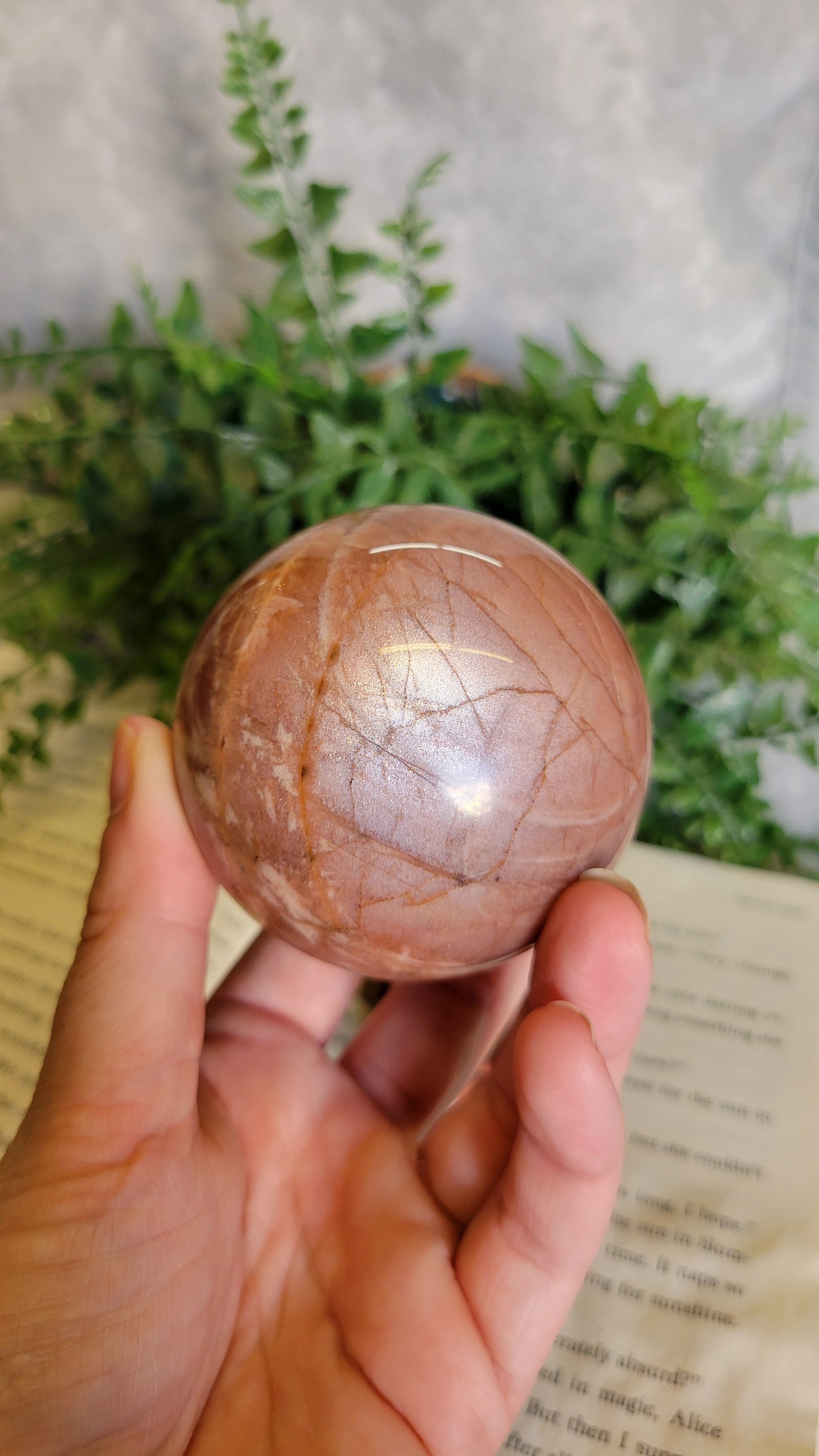 63mm high flash peach moonstone sphere