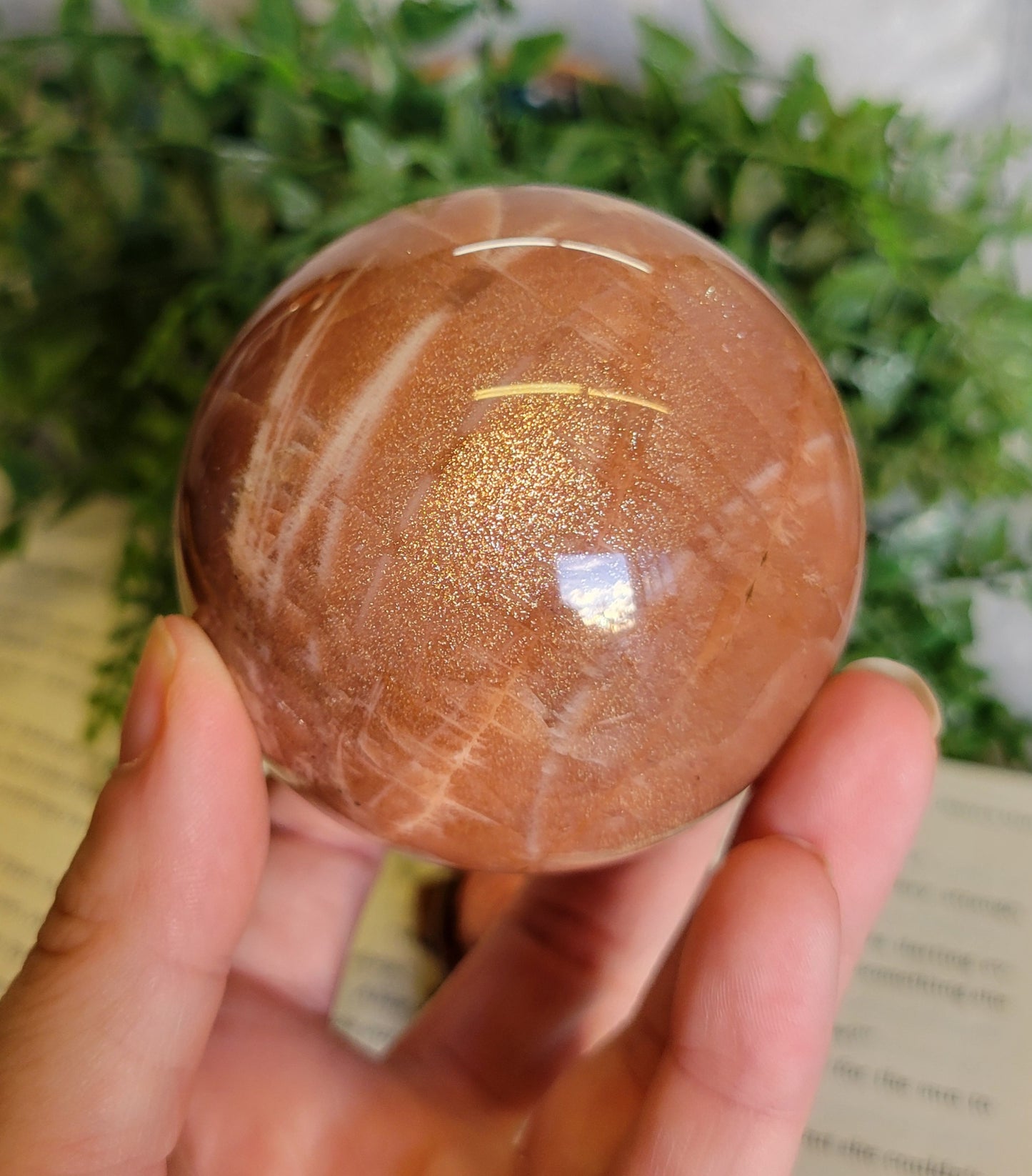 63mm high flash peach moonstone sphere