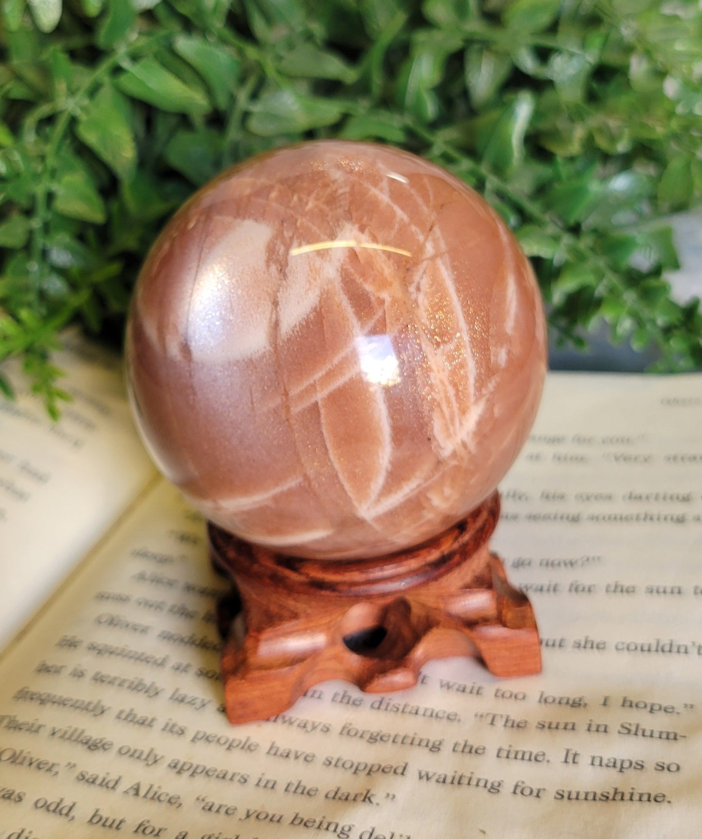 63mm high flash peach moonstone sphere