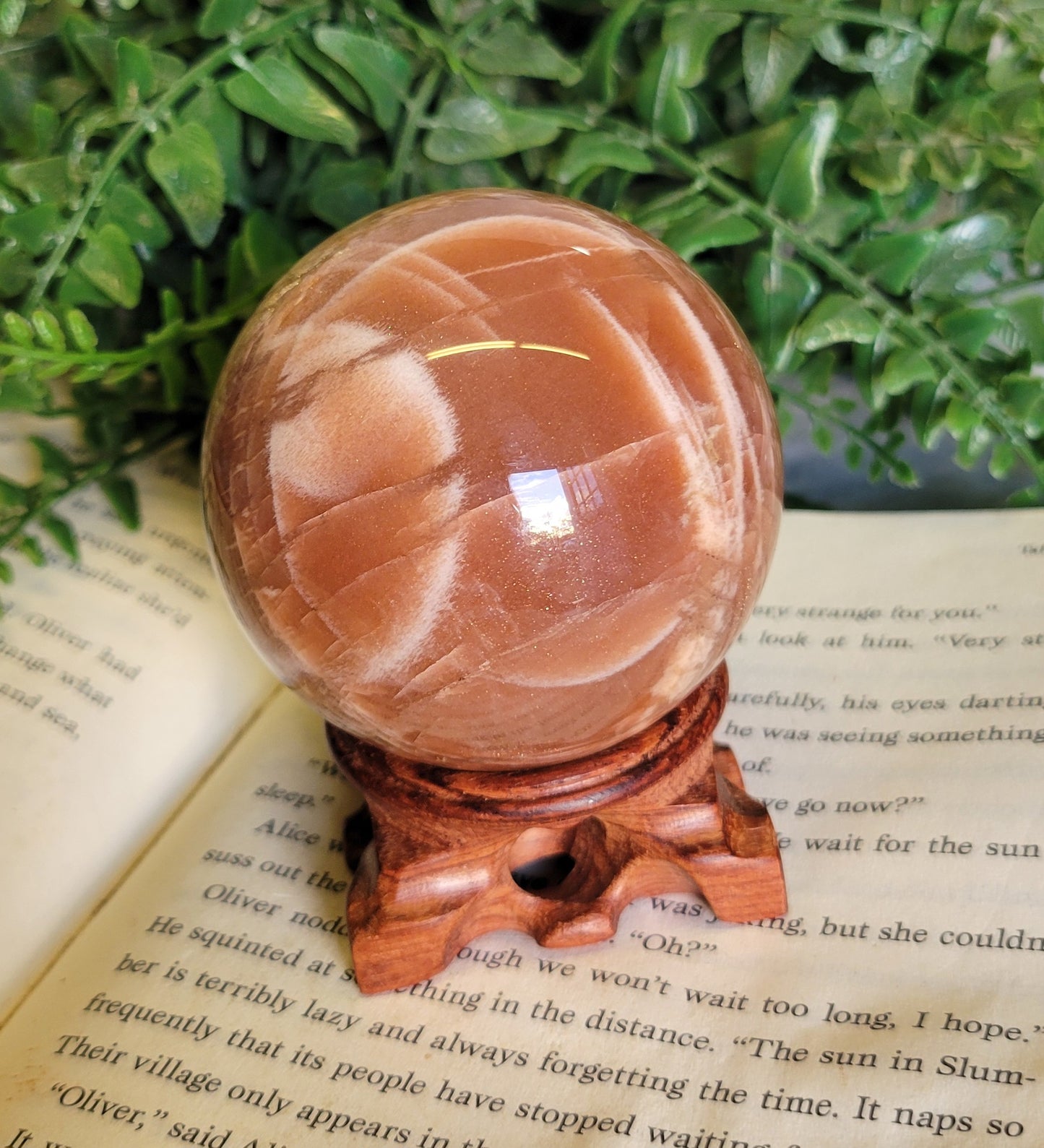 63mm high flash peach moonstone sphere