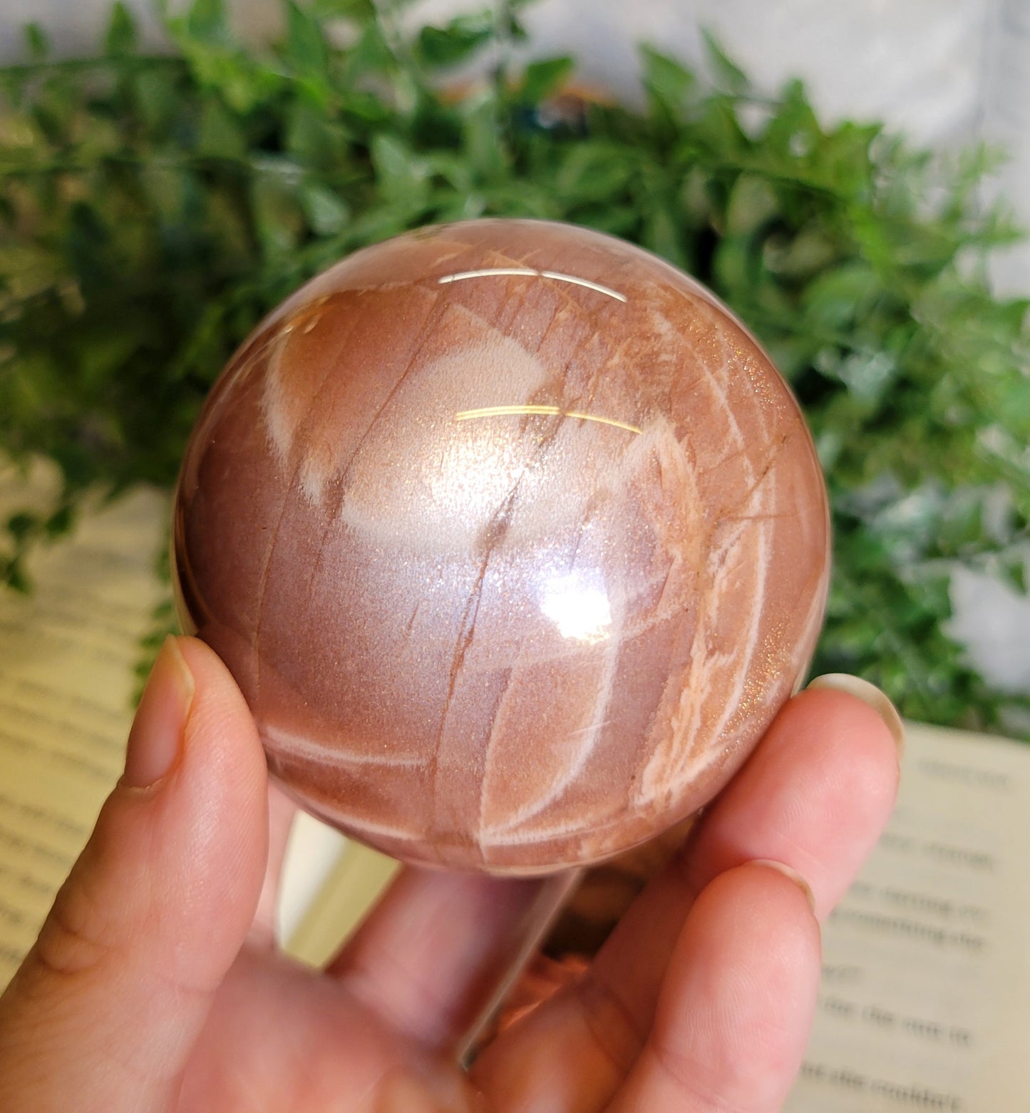 63mm high flash peach moonstone sphere